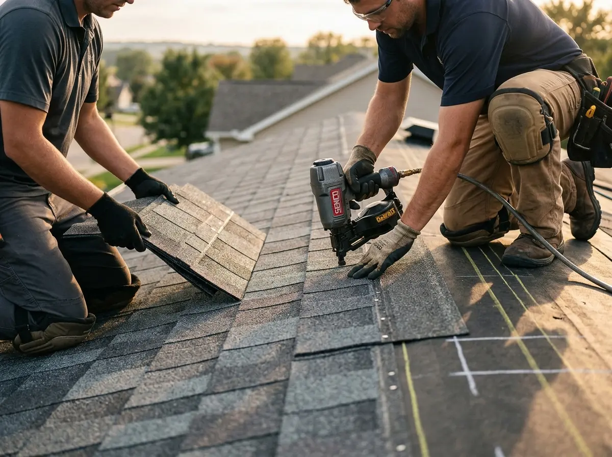 Professional roofer working on a residential roof in Ash